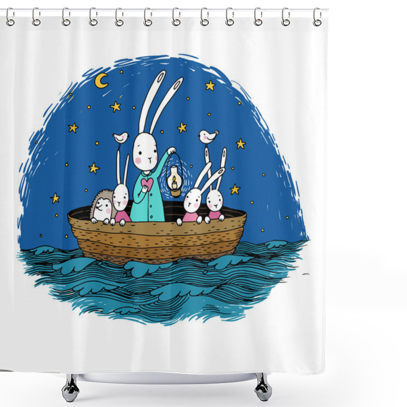 Personality  Cute Little Hares And Hedgehog Floating In A Boat On The River. Shower Curtains