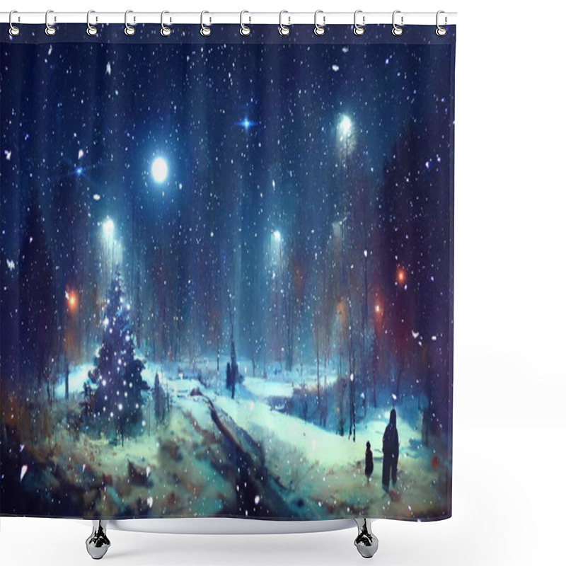 Personality  Winter Blue Starry Night Sky And Bright Moon ,snowy Green Tree Christmas Fairy In City Park ,snow Flakes Fall , Nature Landscape Abstract Art Painting Shower Curtains