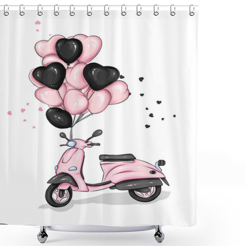 Personality  Moped With Heart-shaped Balloons. Motorcycle. Vector Illustration For Greeting Card Or Poster. Love, Friendship, Valentine's Day. Shower Curtains