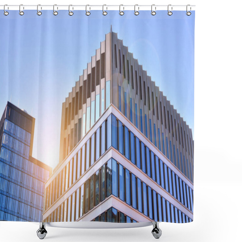 Personality  Blue Curtain Wall Made Of Toned Glass And Steel Constructions Under Blue Sky. A Fragment Of A Building. Glass Facades On A Bright Sunny Day With Sunbeams In The Blue Sky. Shower Curtains