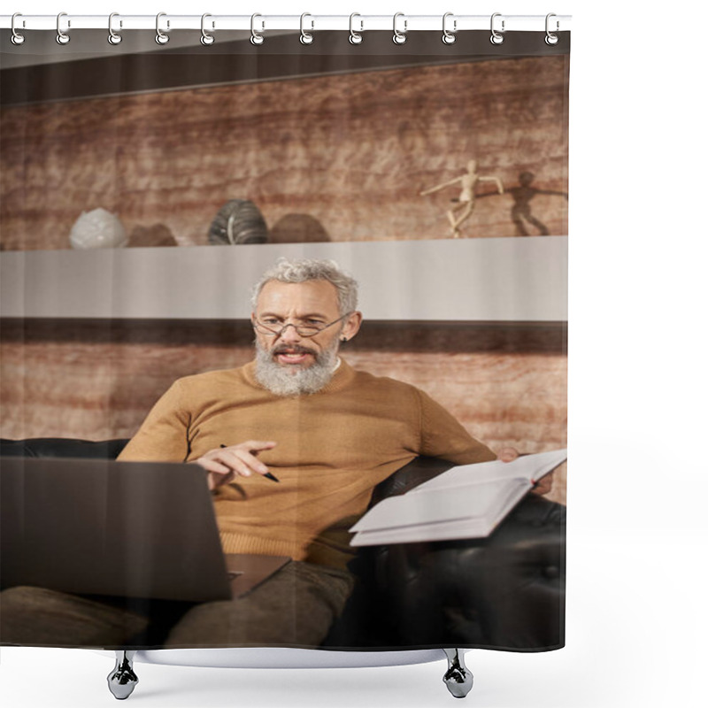 Personality  Middle Aged Psychologist With Beard Talking To Client During Online Consultation On Laptop Shower Curtains