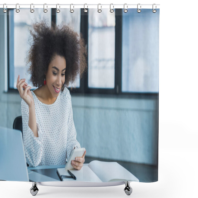 Personality  Smiling African American Businesswoman Using Smartphone In Office Shower Curtains