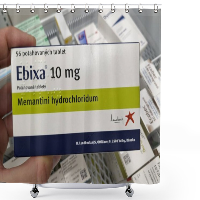 Personality  Prague, Czech Republic - July 10 2024: EBIXA Box Of Medication With MEMANTINE Active Substance By LUNDBECK, Used For Treatment Of Alzheimer's Disease And Dementia. Shower Curtains