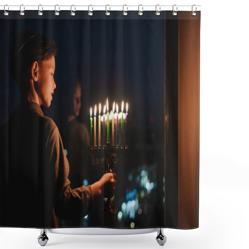 Personality  The Child Lights The Menorah For Hanukkah On The Windowsill. The Boy In The Kippah Sitting By The Window. Jewish Holiday. Tradition Is A Religious Ritual. Sunset. The First Star. Judaism Shower Curtains