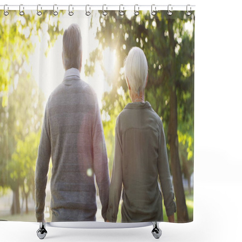 Personality  Love On The Other Side Of Youth. Rearview Shot Of An Affectionate Senior Couple Walking Together While Holding Hands At The Park Shower Curtains