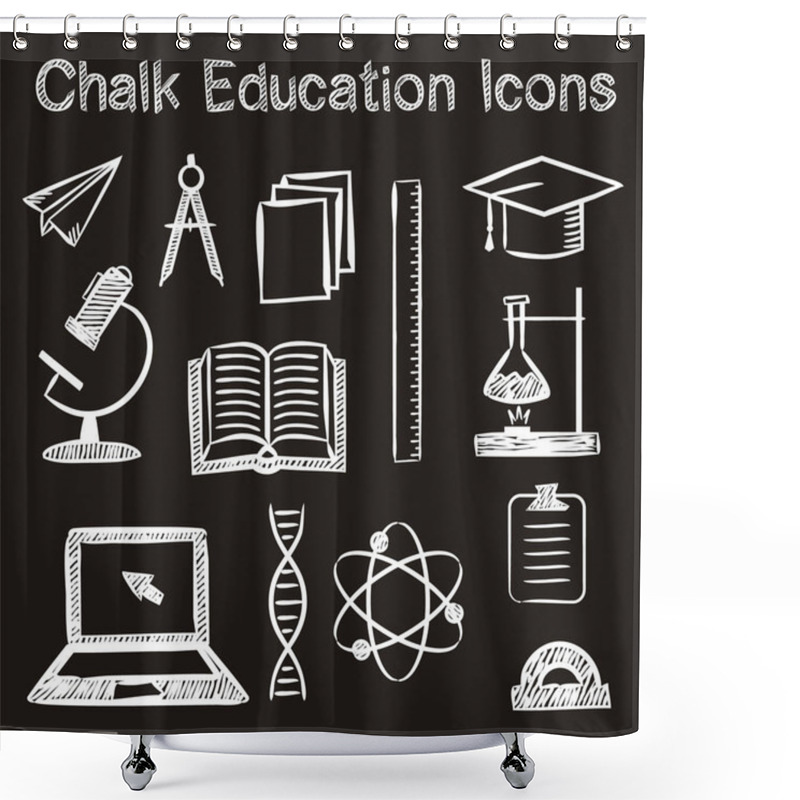 Personality  Set Of Hand-drawn Icons On The Theme Of Education In Chalk Style. White Strokes On A Black Background. Vector Illustration For A Library, School, University, College, Educational Application Or Site. Shower Curtains