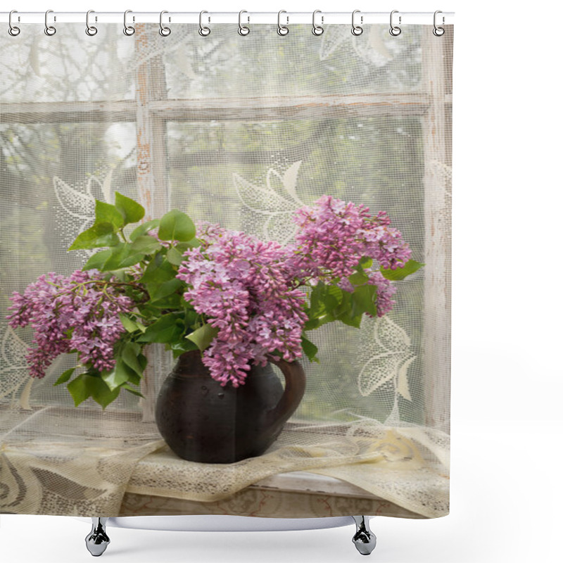 Personality  Lush Bouquet Of Lilac In A Brown Clay Vase On A Window Sill Shower Curtains