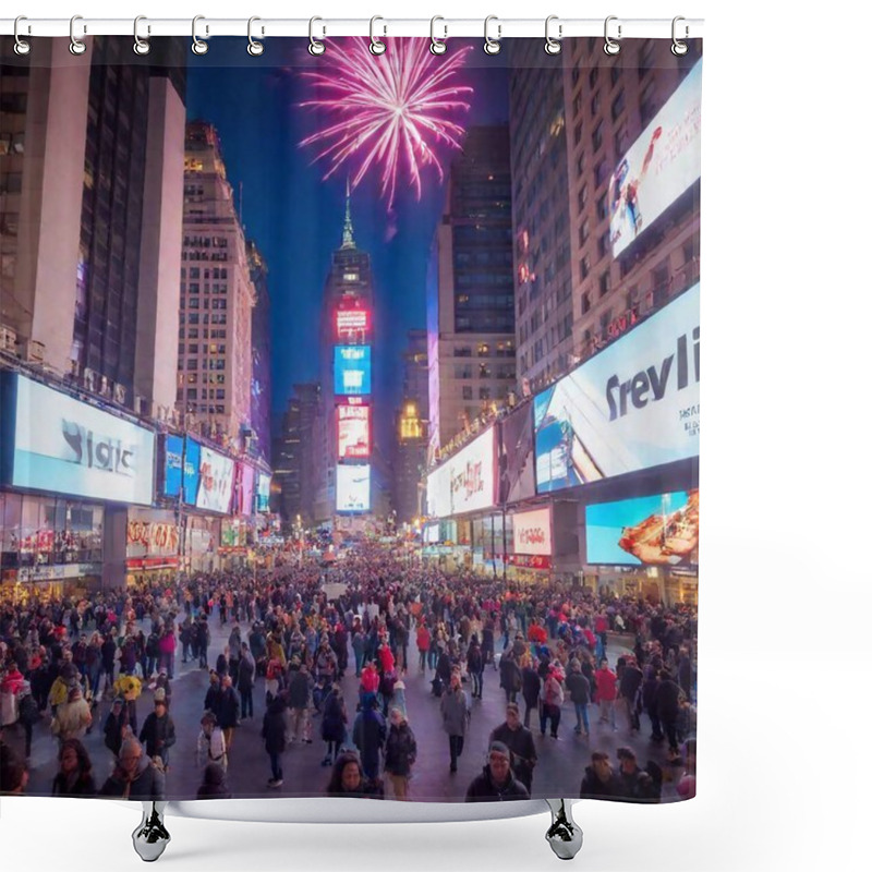 Personality  A Vibrant Scene Capturing The Iconic Times Square In New York City During New Year's Eve. Colorful Fireworks Light Up The Night Sky As Confetti Cascades Down Around A Jubilant Crowd Of People Celebrating, Holding Signs And Cheering For The New Year. Shower Curtains