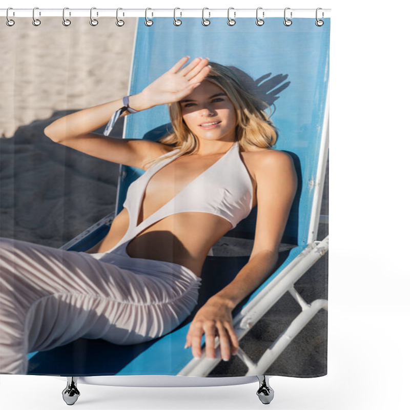 Personality  A Young, Beautiful Blonde Woman Sits Serenely In A Chair On Miami Beach, Enjoying The Sun And The Sound Of The Waves. Shower Curtains