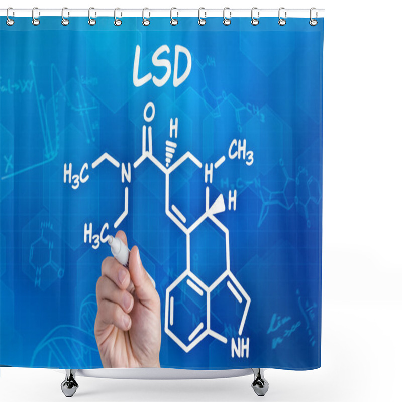 Personality  Hand With Pen Drawing The Chemical Formula Of Lsd Shower Curtains