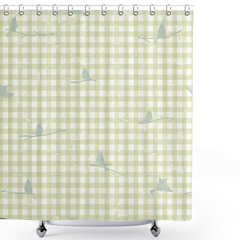 Personality  Seamless Checkered Pattern With Trendy Gingham Checks With Little Birds Sitting On Branches For Wrapping Paper, Clothing, Textile And Other Design Projects Shower Curtains