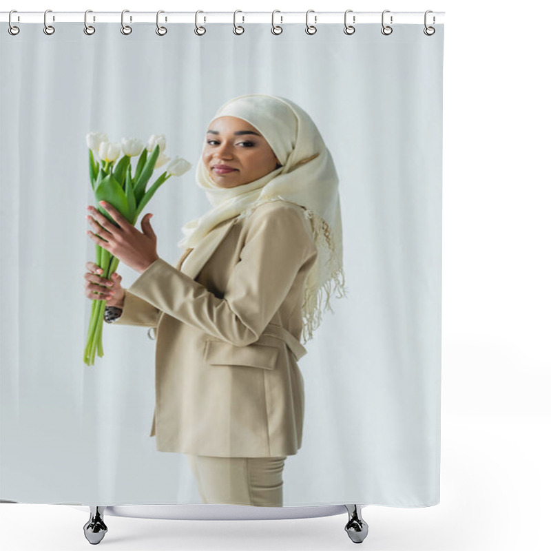 Personality  Happy Muslim Woman In Hijab Holding Tulips Isolated On Grey Shower Curtains