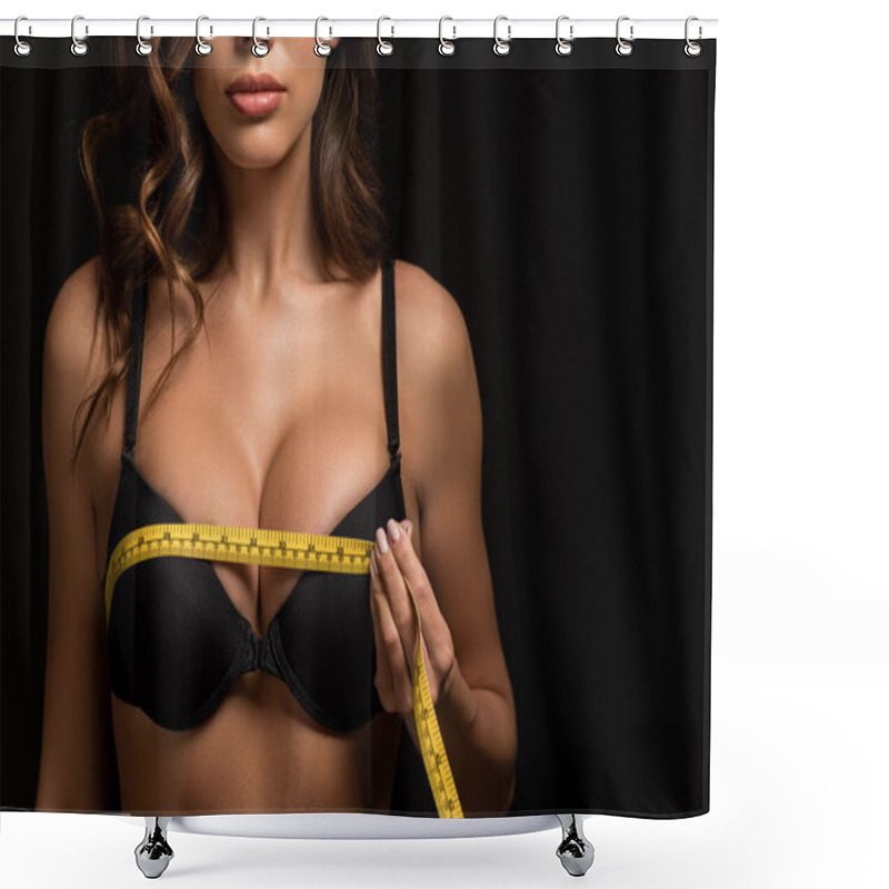 Personality  Partial View Of Sexy Girl Measuring Breasts With Measuring Tape Isolated On Black Shower Curtains