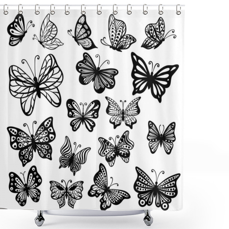 Personality  Set Of Butterfly Black Hand Drawing On White, Stock Vector Illustration Shower Curtains