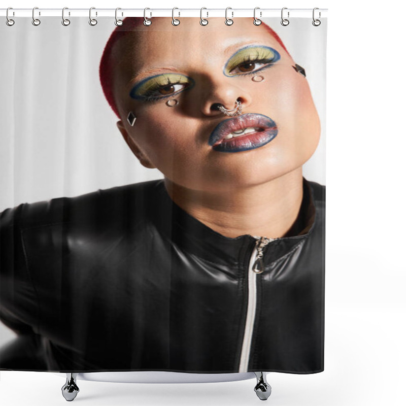 Personality  A Young Woman Showcases Her Vibrant Fashion And Personality With Bold Makeup And Striking Pink Hair. Shower Curtains