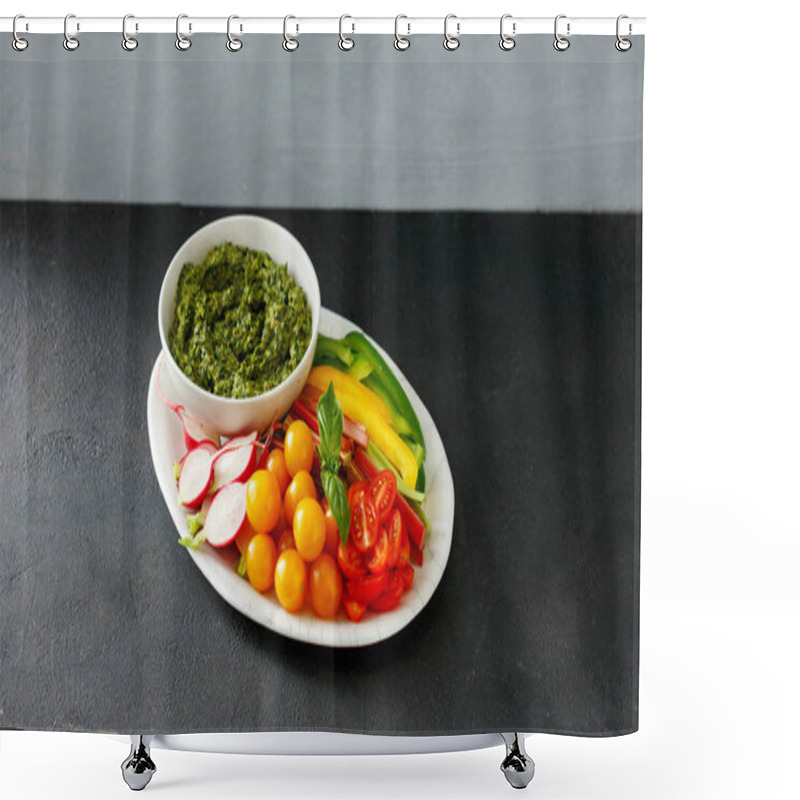 Personality  Vegetable Snacks With Pesto Sauce Served On Plate. Pepper, Celery, Rhubarb, Cherry Tomatoes, Radish With Pesto Shower Curtains