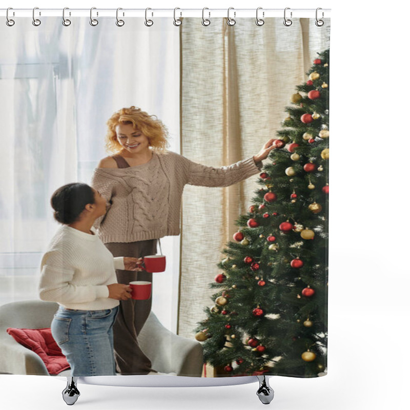 Personality  Two Women Brighten Their Home By Decorating A Christmas Tree Together In Joyful Warmth. Shower Curtains