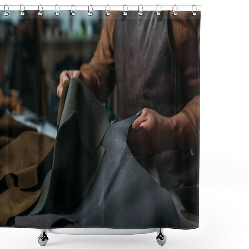 Personality  Partial View Of Shoemaker Holding Piece Of Genuine Leather In Workshop Shower Curtains