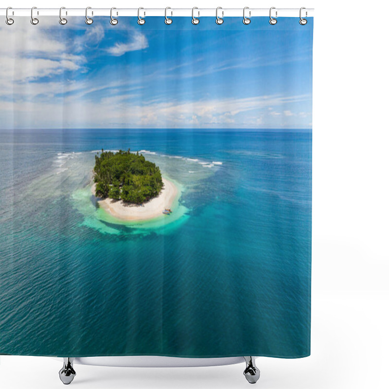 Personality  Aerial View Of White Sand Beach With Coconut Trees. Corals On The Beach. San Victor Island. Mindanao, Philippines. Travel Concept. Shower Curtains