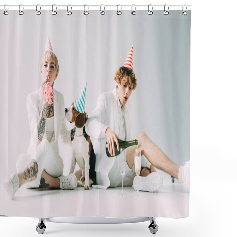 Personality  Woman Holding Blower While Man Poring Champagne In Glasses While Sitting Near Beagle Dog On Grey Background Shower Curtains