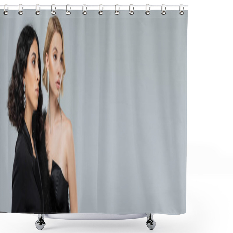 Personality  Portrait Of Multiethnic Girlfriends In Black Elegant Attire And Silver Earrings On Grey, Banner Shower Curtains