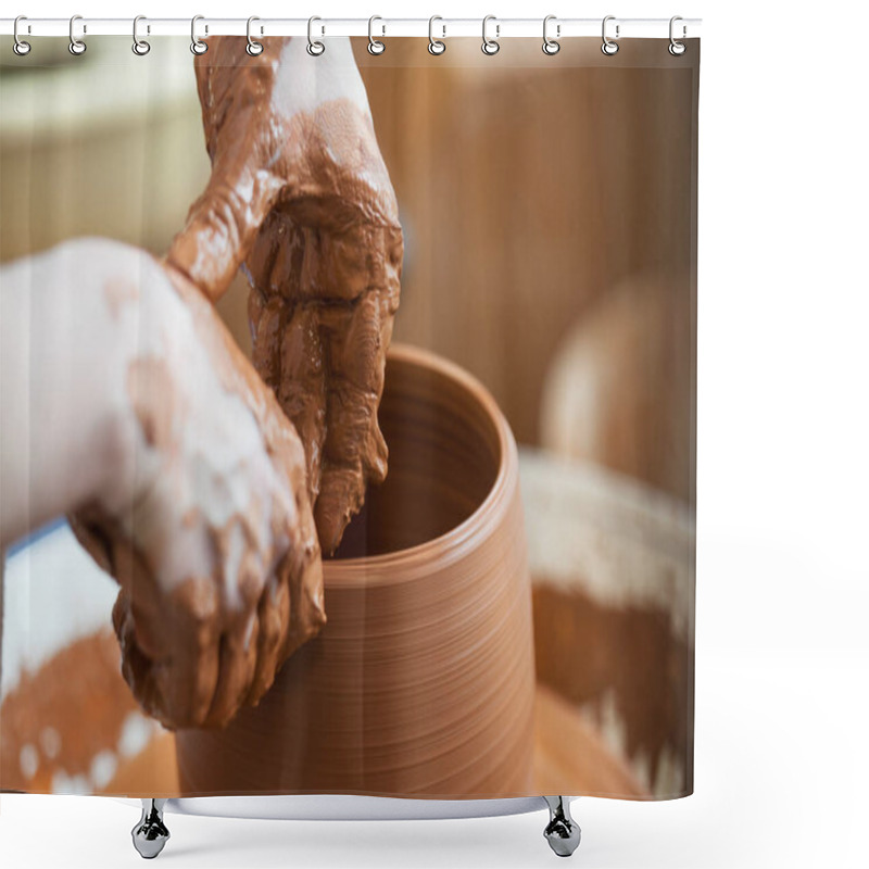 Personality  Ceramist Hand Making A Vase With Clay On The Potter's Wheel Shower Curtains