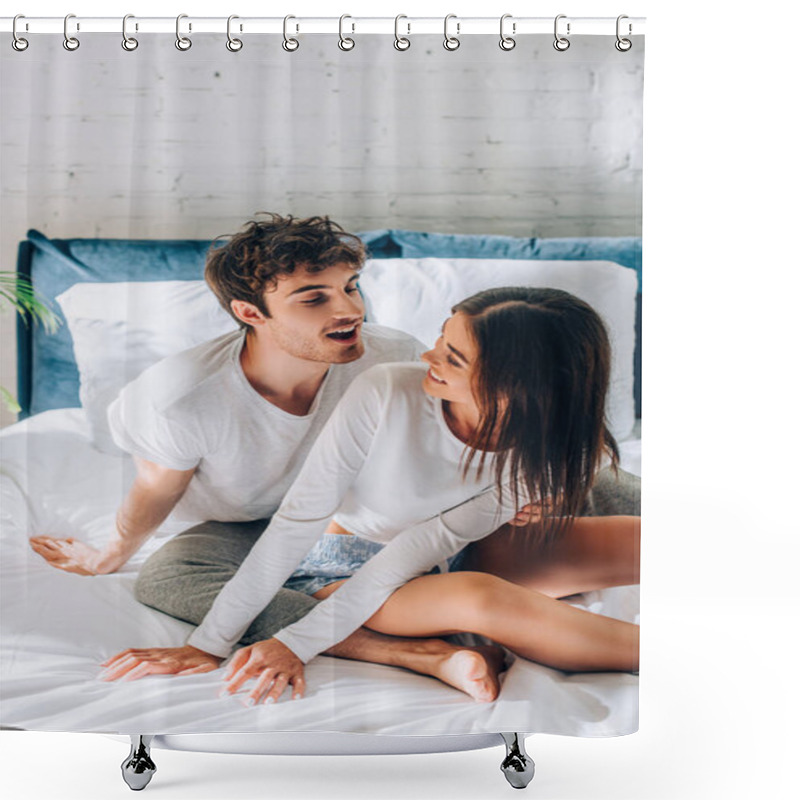 Personality  Young Couple Sitting On Bed And Looking At Each Other Shower Curtains