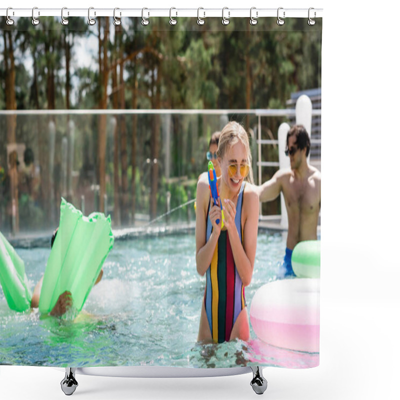 Personality  Cheerful Woman In Striped Swimsuit Holding Water Pistol Near Friends In Pool Shower Curtains