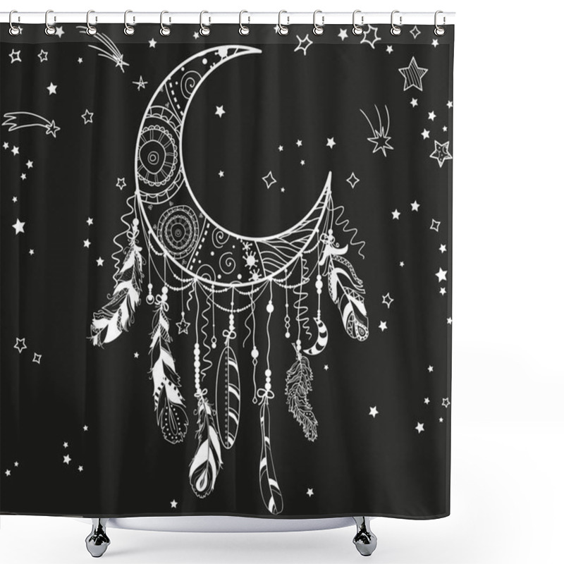 Personality  White Dreamcatcher With Stars On Black. Abstract Ornate Object. Design For Spiritual Relaxation For Adults Shower Curtains