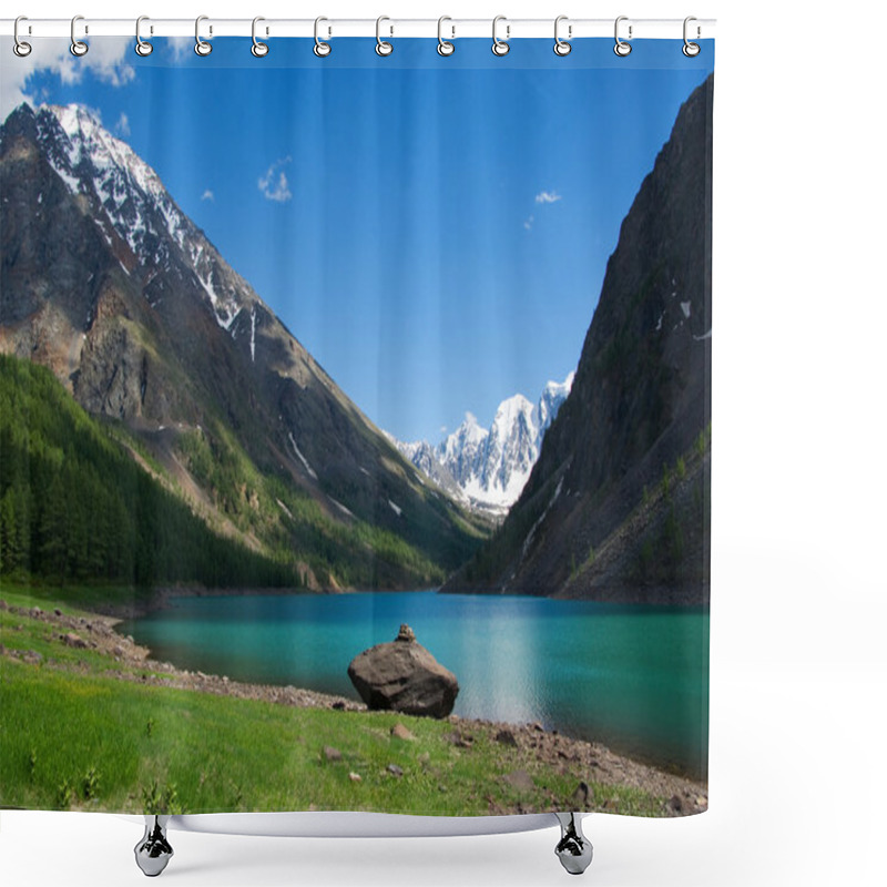 Personality  Mountain Lake In Background With High Mountain Shower Curtains