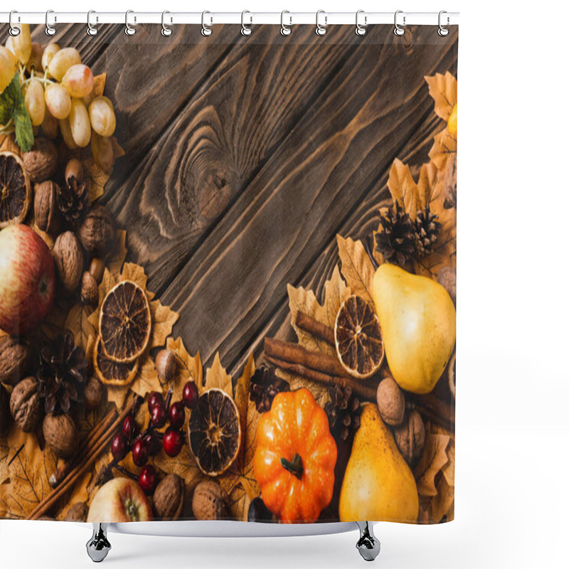 Personality  Top View Of Autumnal Harvest And Foliage On Brown Wooden Background Shower Curtains