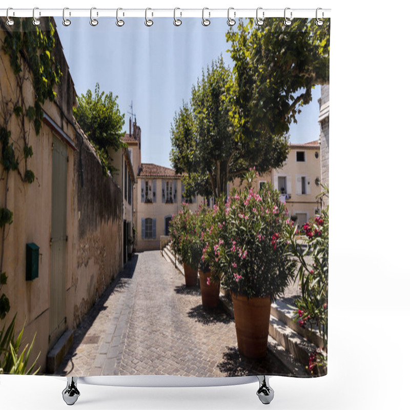 Personality  Beautiful Cozy Narrow Street With Traditional Houses, Green Trees And Blooming Flowers In Pots, Provence, France Shower Curtains