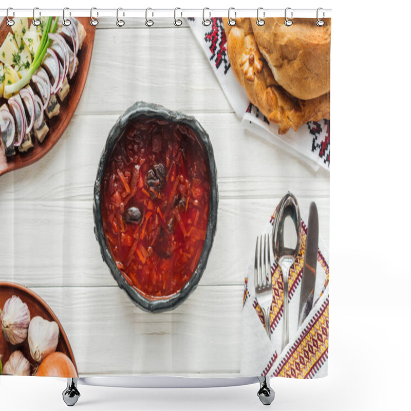 Personality  Top View Of Traditional Beetroot Soup With Cutlery And Dishes Around On White Wooden Background Shower Curtains