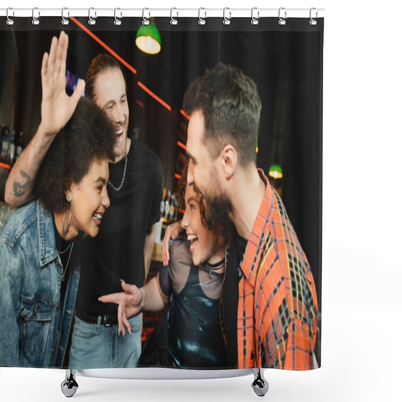 Personality  Excited Man Waving Hand Near Interracial Friends While Spending Time In Bar At Night  Shower Curtains