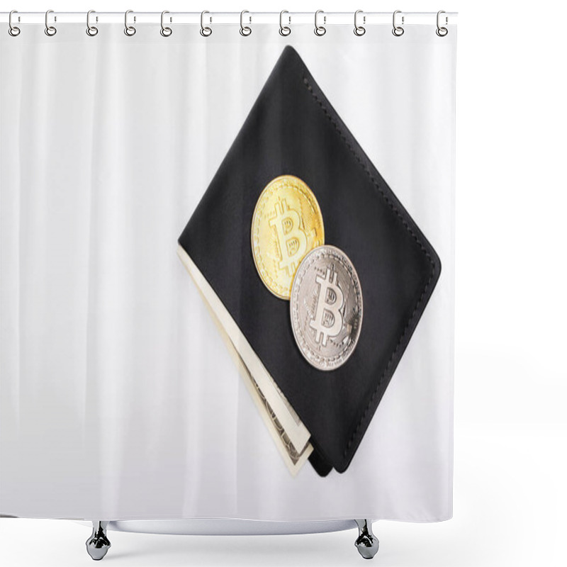 Personality  KYIV, UKRAINE - APRIL 26, 2022: Top View Of Crypto Coins On Wallet With Dollars Isolated On White  Shower Curtains