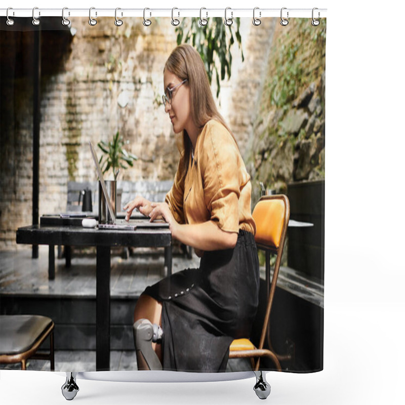 Personality  In A Cozy Cafe, A Young Woman With An Artistic Flair Works On Her Laptop While Sipping Coffee, Embracing Her Vibrant Lifestyle. Shower Curtains