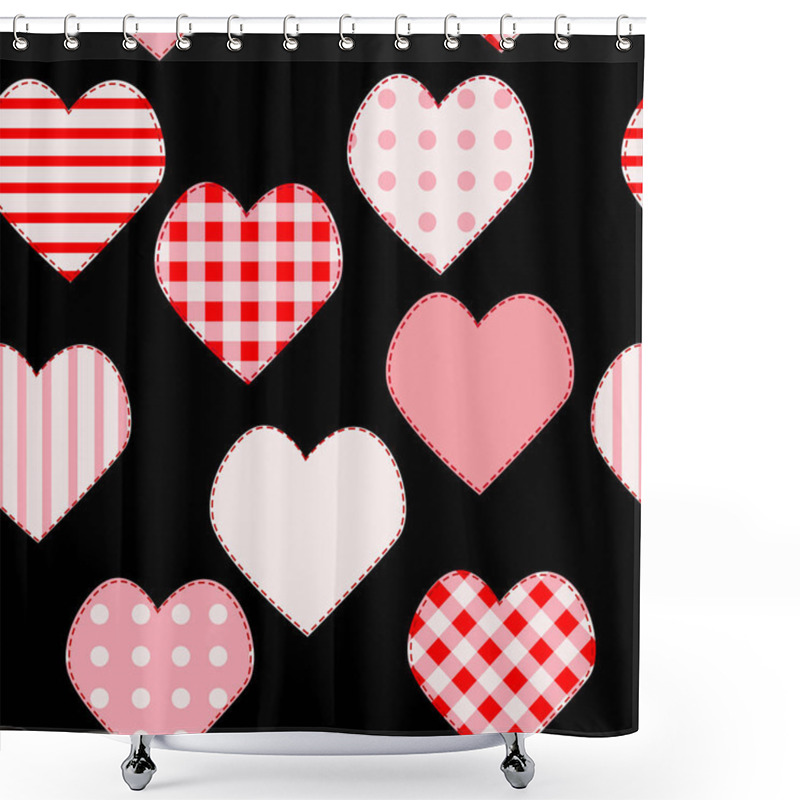 Personality  Love Seamless Pattern With Pink Patchwork Hearts On Black Background Shower Curtains