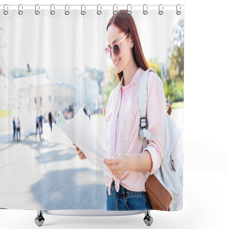 Personality  Smiling Attractive Tourist In Sunglasses Looking At Map On Street Shower Curtains