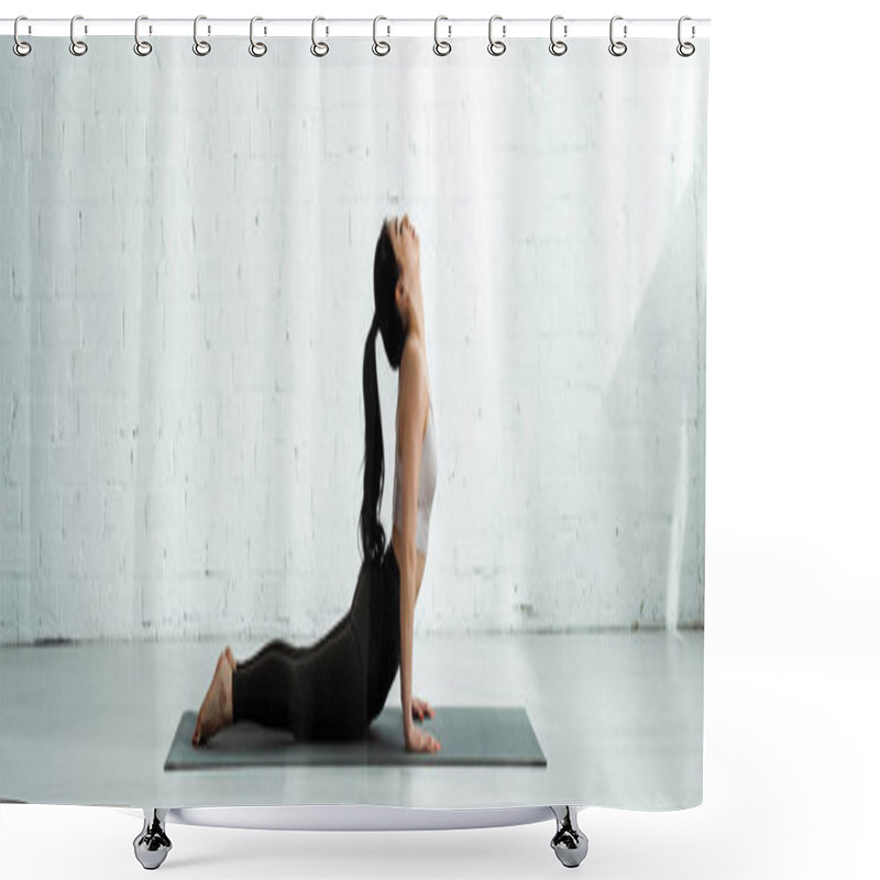 Personality  Panoramic Shot Of Beautiful Brunette Thai Woman Doing Exercise On Yoga Mat  Shower Curtains