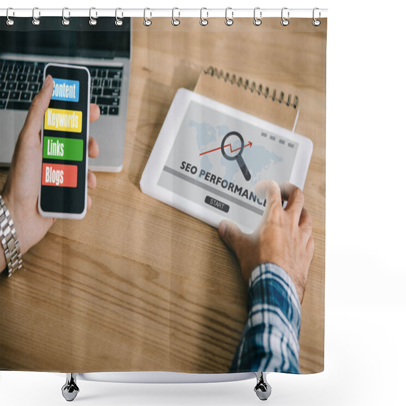 Personality  Cropped Shot Of Professional Developer Using Different Gadgets With SEO Performance Shower Curtains