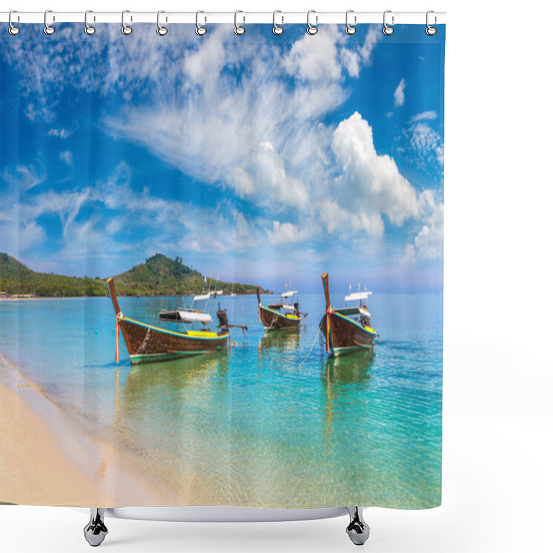 Personality  Thai Traditional Wooden Longtail Boat At Tropical Beach In Thailand Shower Curtains