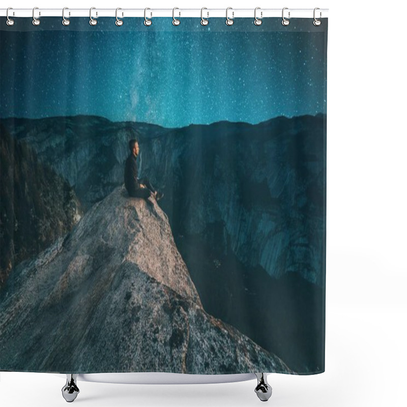 Personality  A Male In A Leather Jacket Sitting On A Rocky Cliff Under The Starry Beautiful Sky Shower Curtains