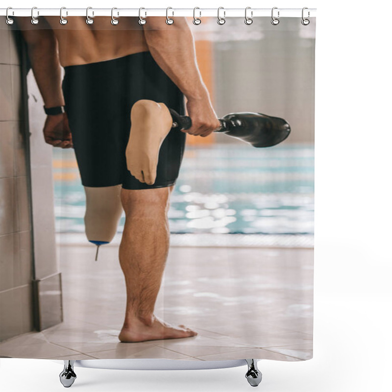 Personality  Cropped Shot Of Sportsman Standing At Poolside Of Indoor Swimming Pool And Holding His Artificial Leg Shower Curtains