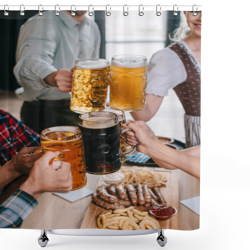 Personality  Cropped View Of Friends Clinking Mugs Of Light And Dark Beer While Celebrating Octoberfest In Pub Shower Curtains