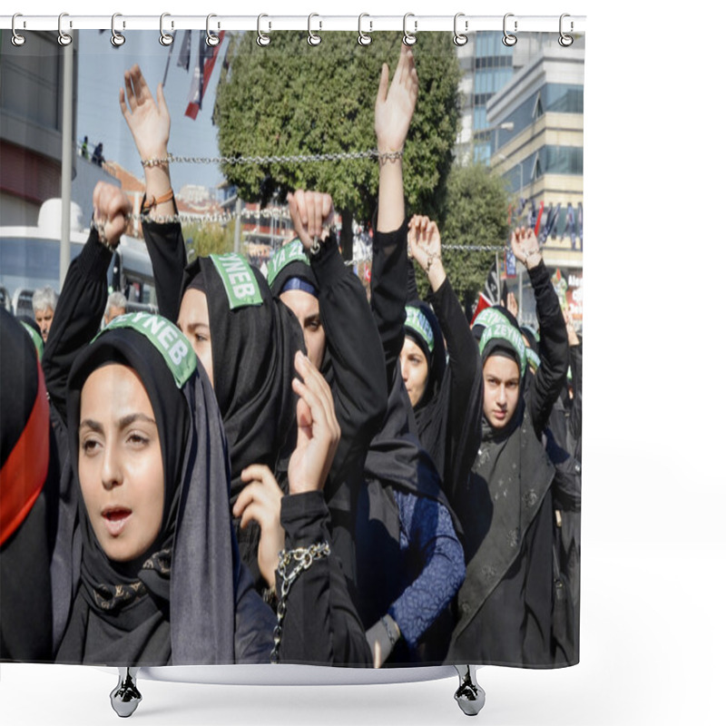 Personality  Shiite Muslim Women Hold Up Their Chained Hands  Shower Curtains