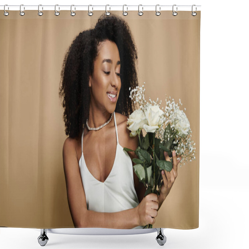 Personality  African American Woman With Natural Makeup Holds White Roses And Smiles Softly, Looking Down At The Flowers. Shower Curtains