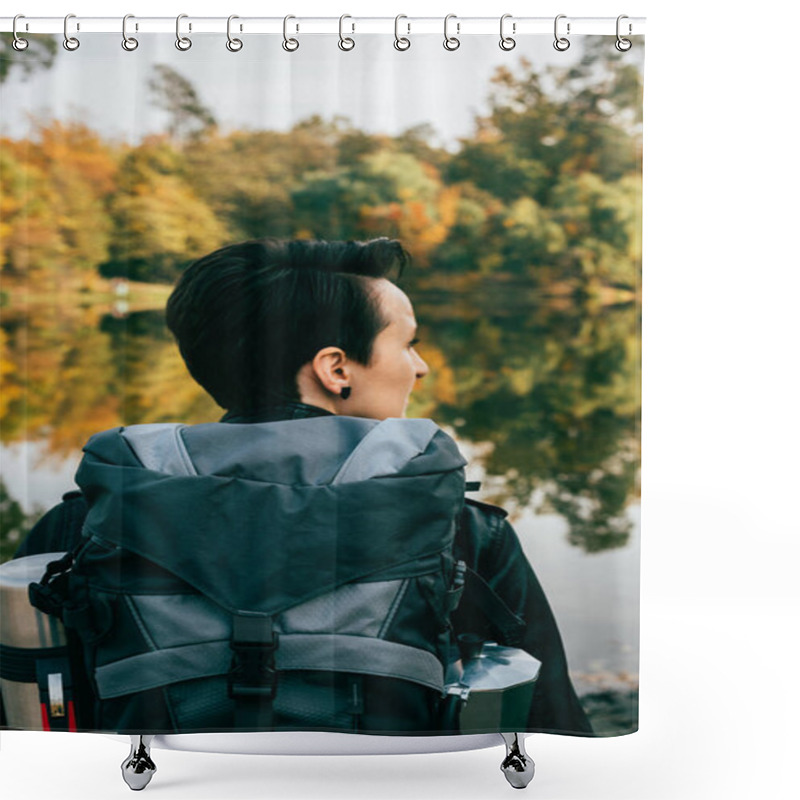 Personality  Female Traveller With Backpack On Autumnal Background Shower Curtains