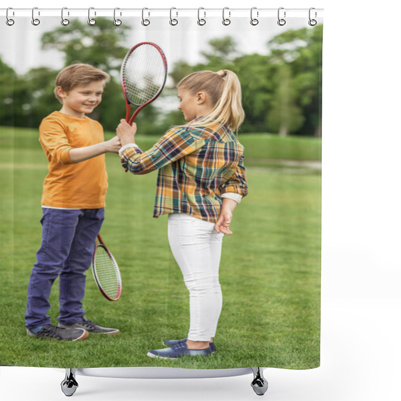 Personality  Siblings Playing Badminton Shower Curtains