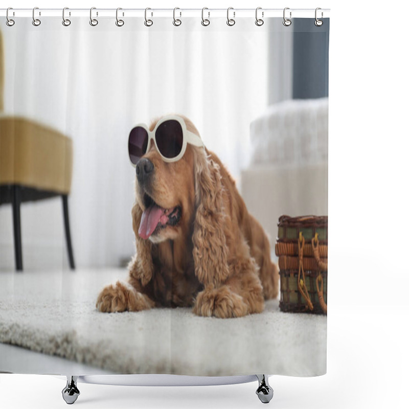 Personality  Cute English Cocker Spaniel In Sunglasses Near Suitcase Indoors. Pet Friendly Hotel Shower Curtains