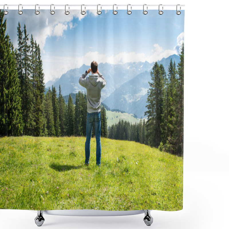 Personality  Man Enjoying Panoramic Mountain View At Sunny Day Shower Curtains